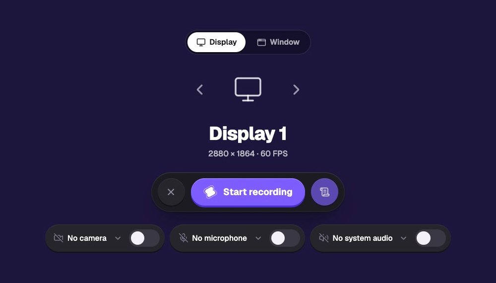 The recorder with Display selected, Display 1 at 2880 by 1864 and 60 FPS, and camera, microphone and system audio switches